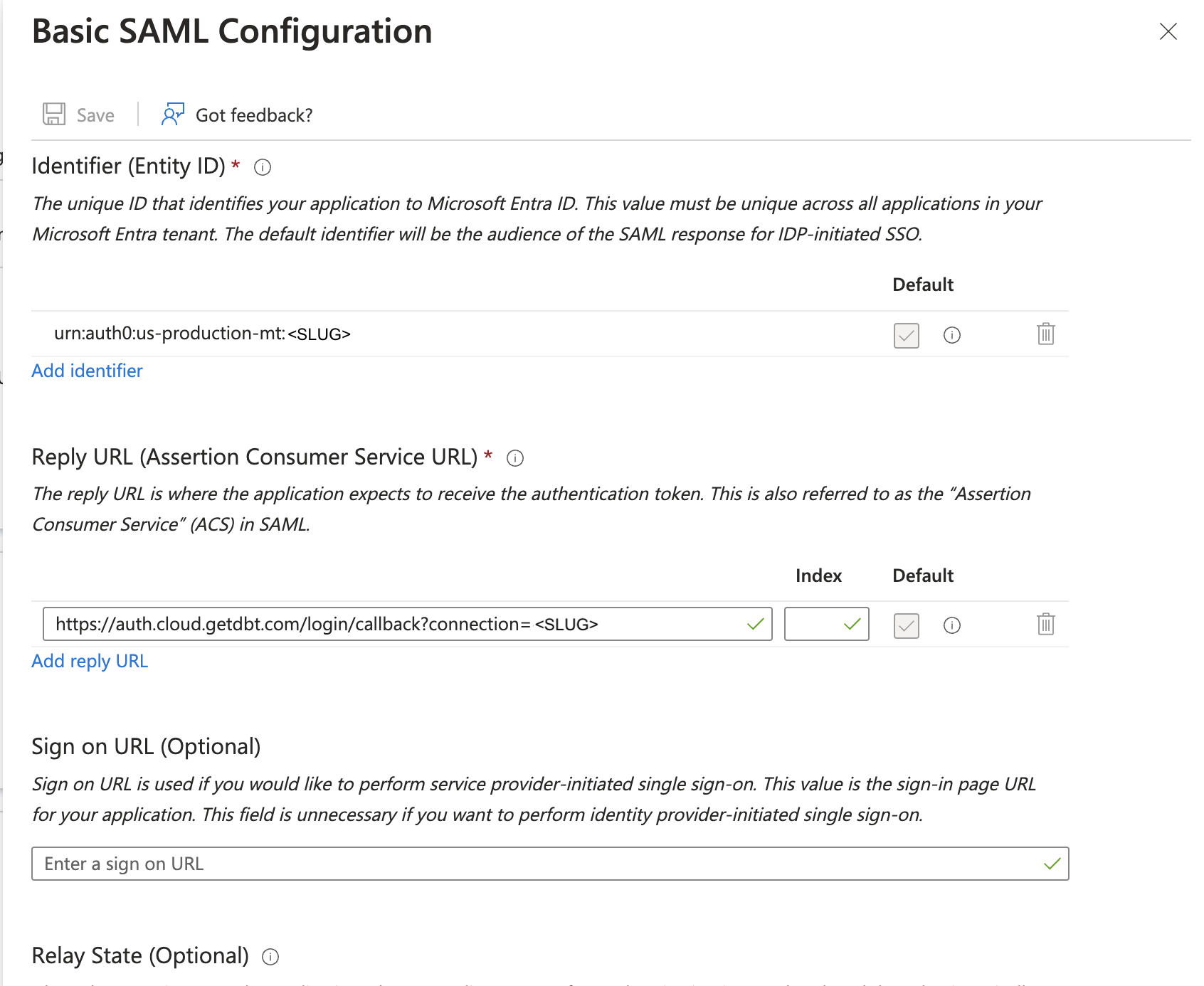 Editing the SAML configuration window in Entra ID